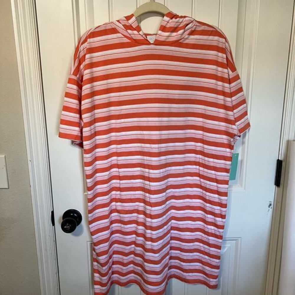Abound Striped Hooded Cover-Up‎ Beach Swim Pool Resort Tunic Dress L